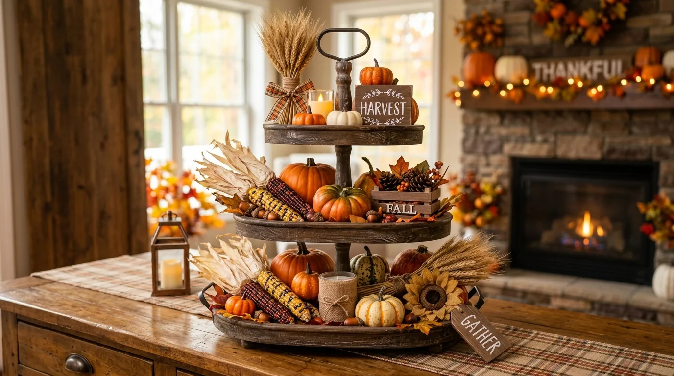 Harvest themed Thanksgiving tiered tray